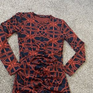 Zara Orange and Blue Patterned Long Sleeve Dress size medium